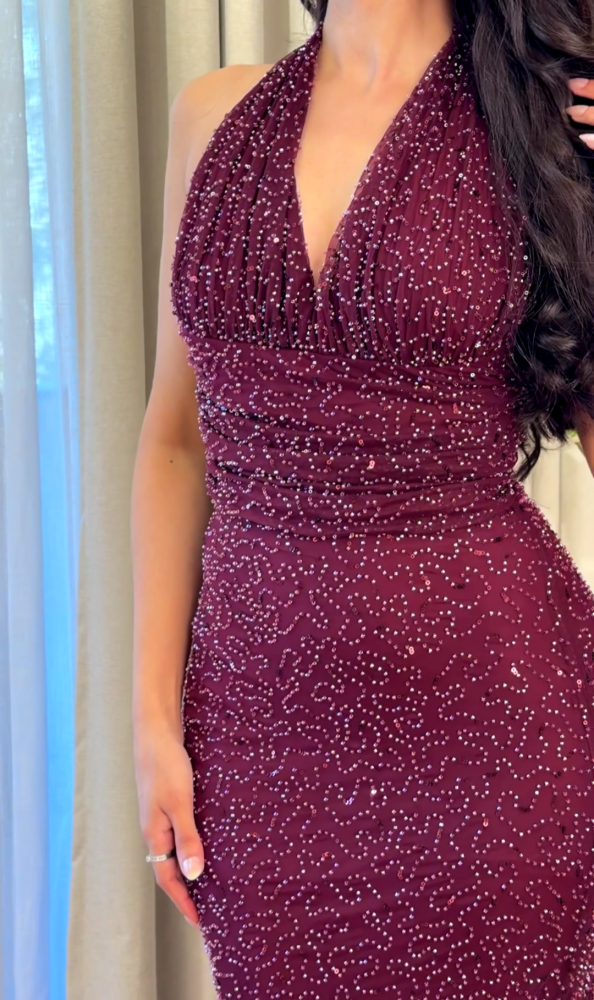 Burgundy wrap neck dress