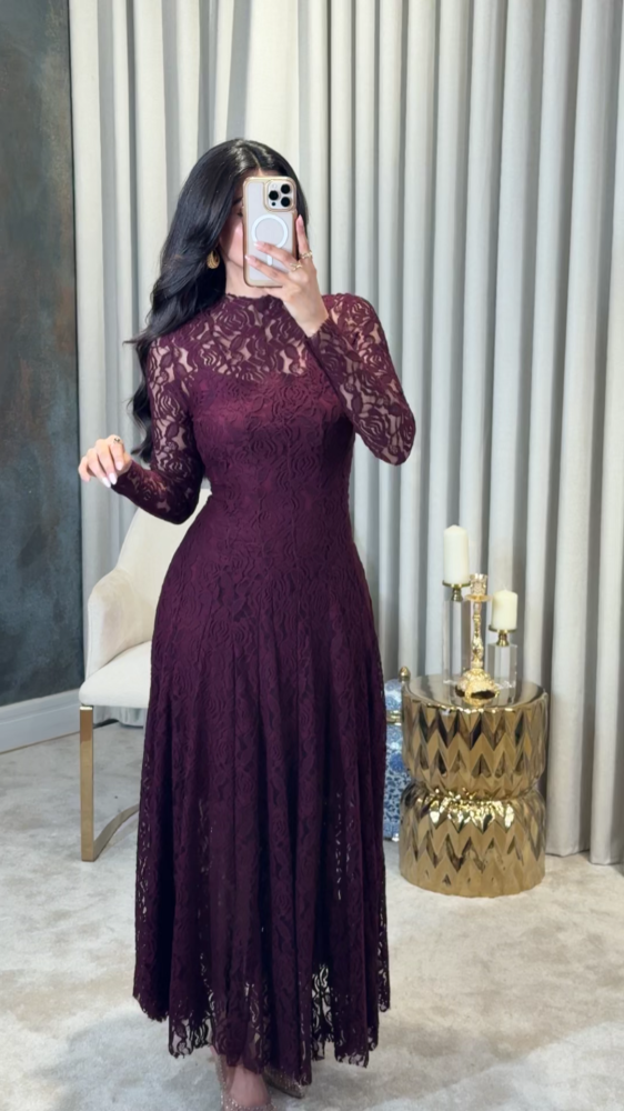 Long burgundy lace evening dress with sheer sleeves